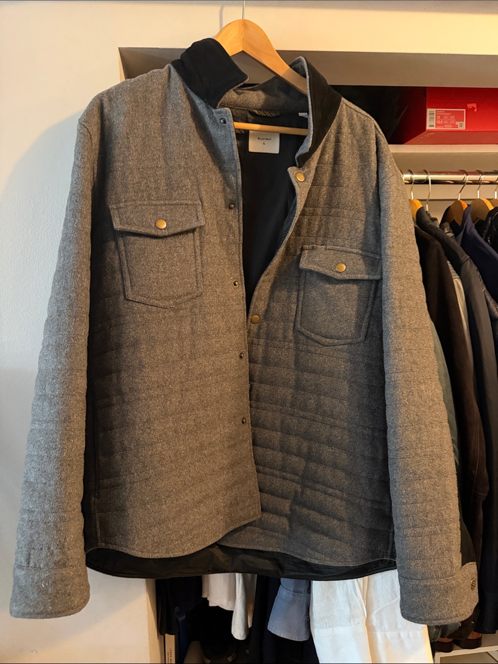 Billy Reid Men's Quilted Grey Jacket with black suede collar and Chest Pockets